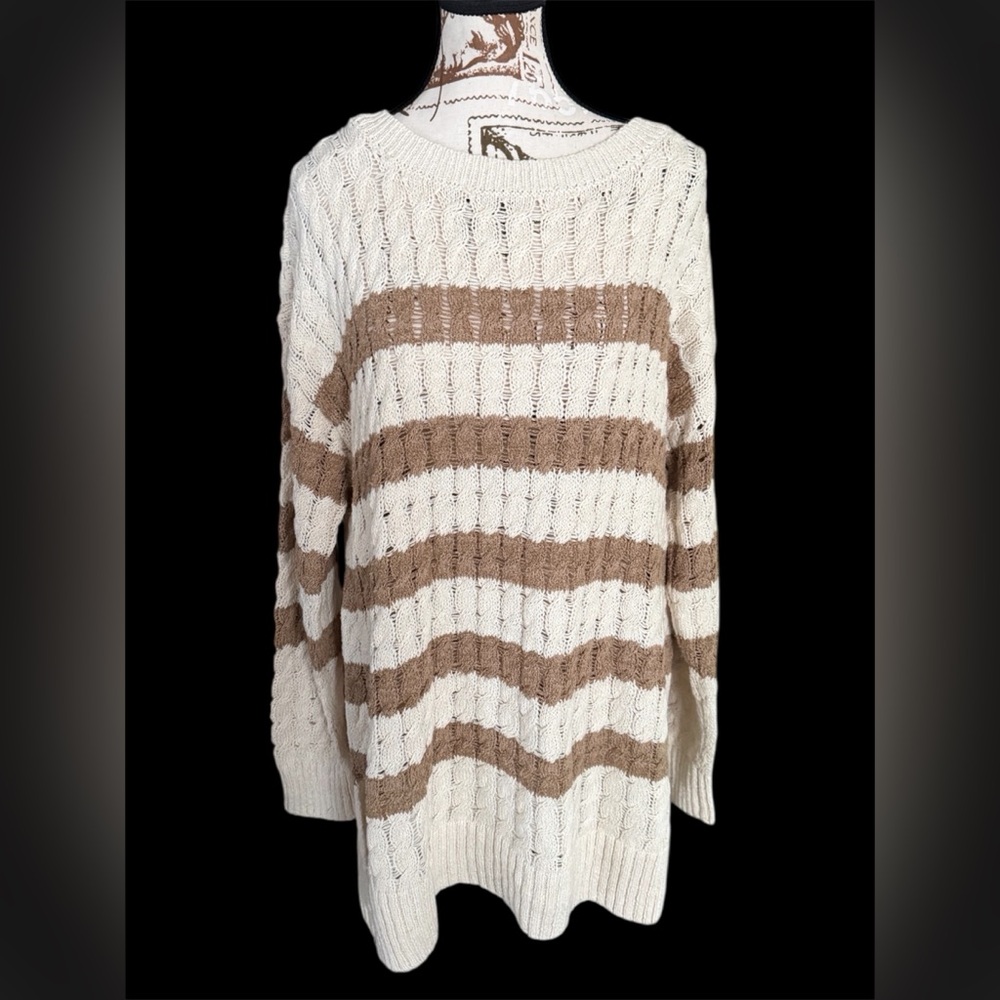 Anthropologie Cream & Taupe Striped Cable-Knit Sweater